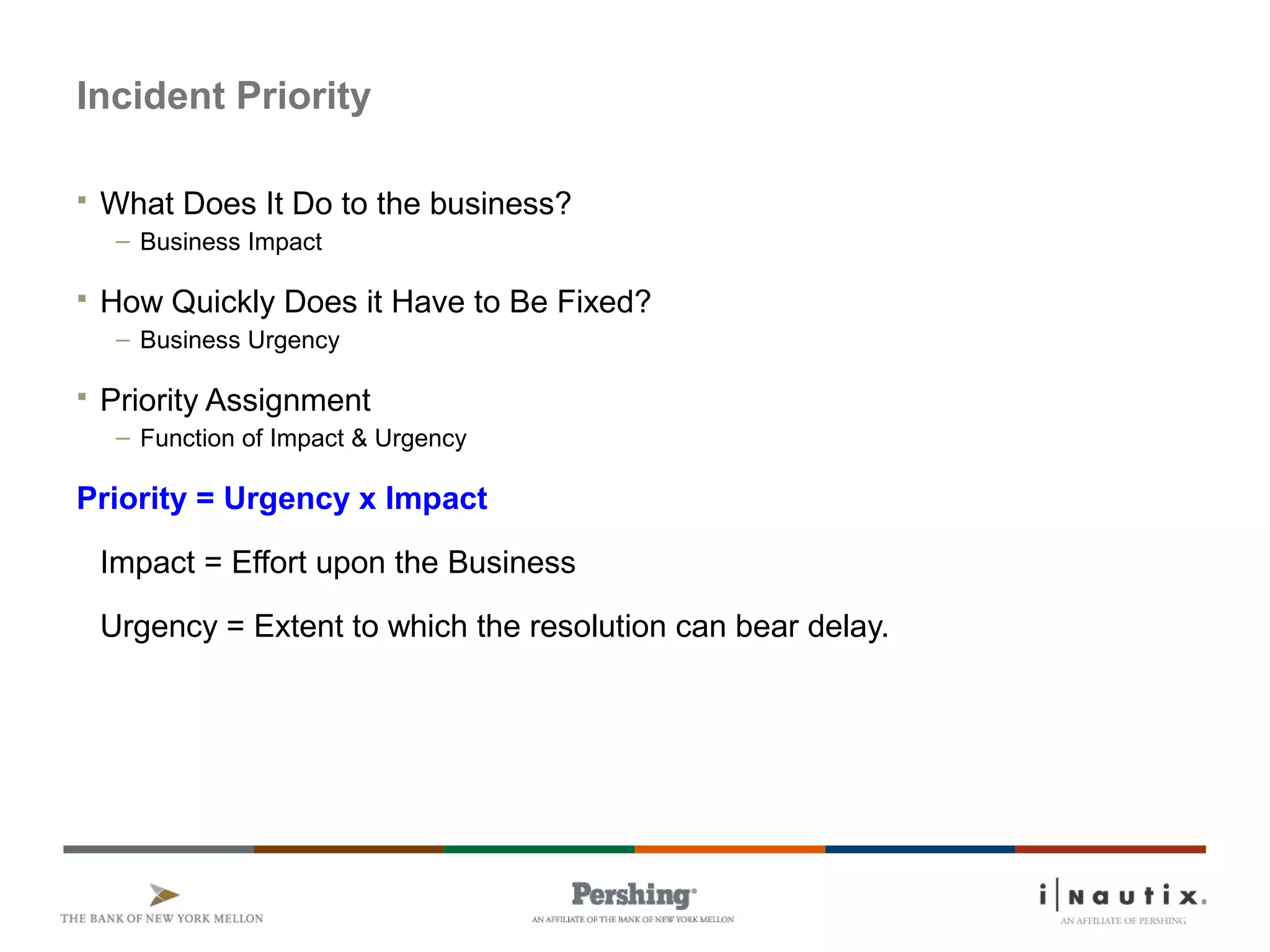 Page 19
Incident Priority
 What Does It Do to the business?
– Business Impact
 How Quickly Does it Have to Be Fixed?
– Business Urgency
 Priority Assignment
– Function of Impact & Urgency
Priority = Urgency x Impact
Impact = Effort upon the Business
Urgency = Extent to which the resolution can bear delay.
 