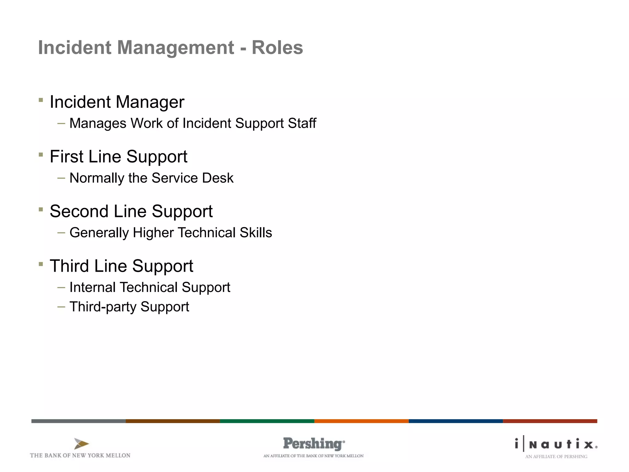 Page 36
Incident Management - Roles
 Incident Manager
– Manages Work of Incident Support Staff
 First Line Support
– Normally the Service Desk
 Second Line Support
– Generally Higher Technical Skills
 Third Line Support
– Internal Technical Support
– Third-party Support
 