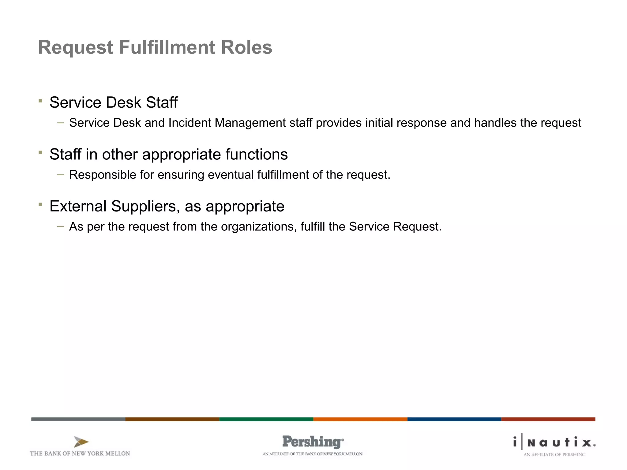 Page 44
Request Fulfillment Roles
 Service Desk Staff
– Service Desk and Incident Management staff provides initial response and handles the request
 Staff in other appropriate functions
– Responsible for ensuring eventual fulfillment of the request.
 External Suppliers, as appropriate
– As per the request from the organizations, fulfill the Service Request.
 