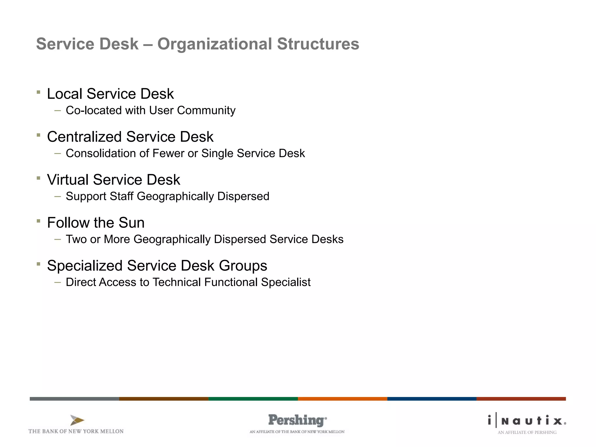 Page 69
Service Desk – Organizational Structures
 Local Service Desk
– Co-located with User Community
 Centralized Service Desk
– Consolidation of Fewer or Single Service Desk
 Virtual Service Desk
– Support Staff Geographically Dispersed
 Follow the Sun
– Two or More Geographically Dispersed Service Desks
 Specialized Service Desk Groups
– Direct Access to Technical Functional Specialist
 
