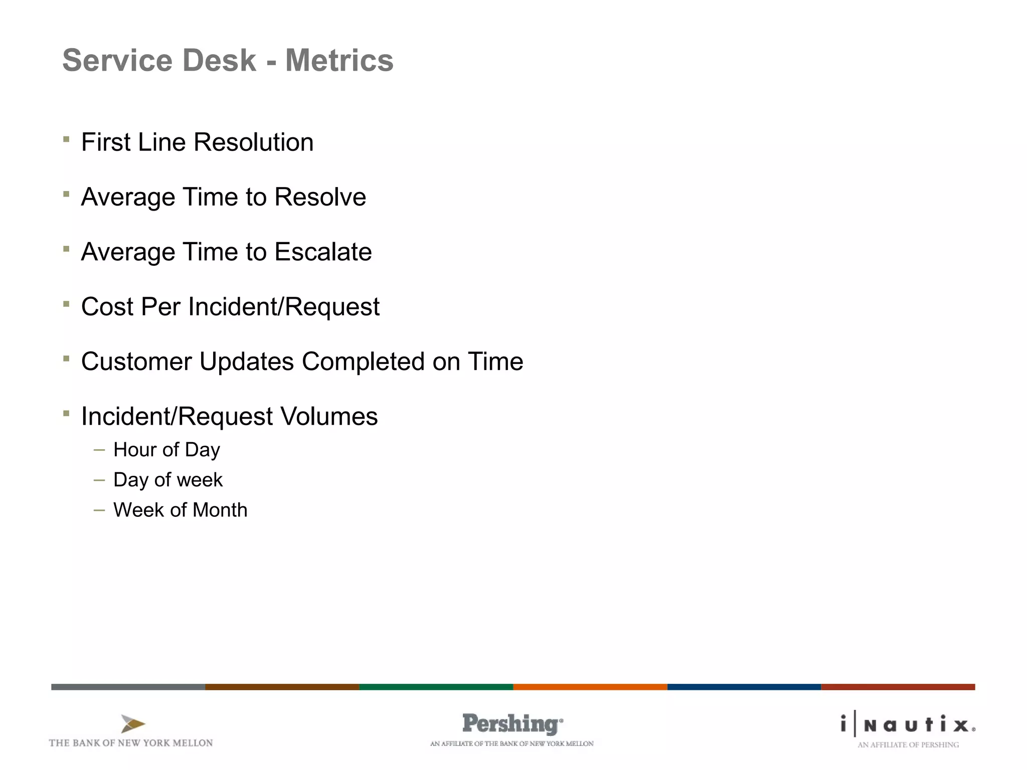 Page 80
Service Desk - Metrics
 First Line Resolution
 Average Time to Resolve
 Average Time to Escalate
 Cost Per Incident/Request
 Customer Updates Completed on Time
 Incident/Request Volumes
– Hour of Day
– Day of week
– Week of Month
 