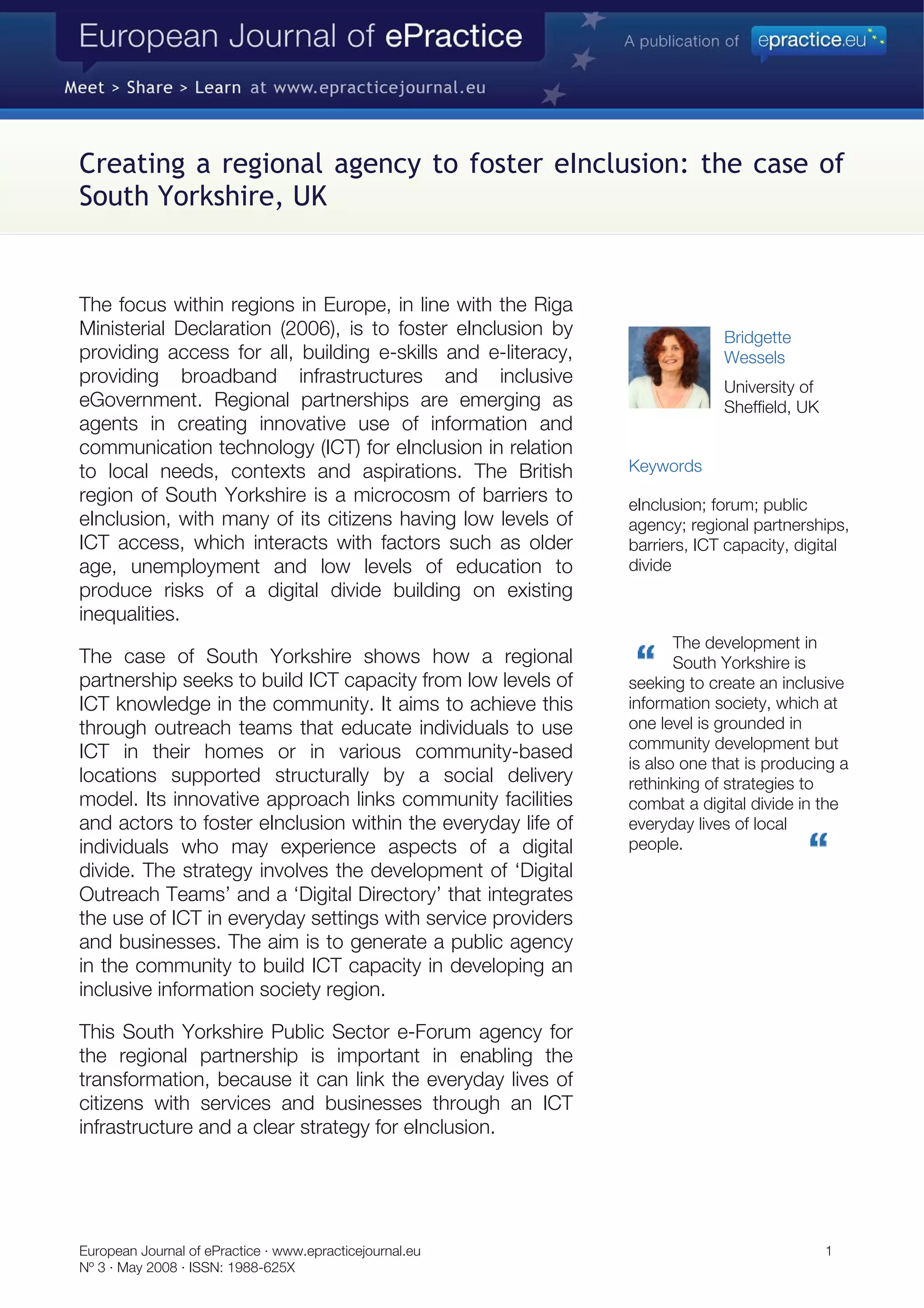 Creating a regional agency to foster eInclusion: the case of South Yorkshire, UK