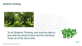To do Systems Thinking, one must be able to
see both the whole Forest and the individual
Trees all at the same time.
Systems Thinking
© 2026 Association for Project Management
 