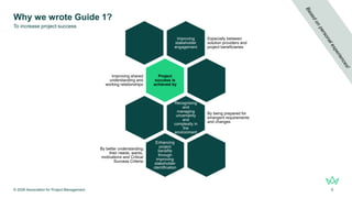 Why we wrote Guide 1?
© 2026 Association for Project Management 6
To increase project success
Improving
stakeholder
engagement
Especially between
solution providers and
project beneficiaries
Project
success is
achieved by
Improving shared
understanding and
working relationships
Recognising
and
managing
uncertainty
and
complexity in
the
environment
By being prepared for
emergent requirements
and changes
Enhancing
project
benefits
through
improving
stakeholder
identification
By better understanding
their needs, wants,
motivations and Critical
Success Criteria
 
