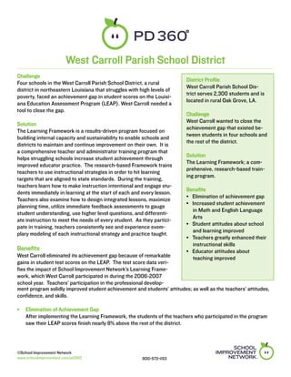 West Carroll Parish School District
Challenge
                                                                         District Profile
Four schools in the West Carroll Parish School District, a rural
                                                                         West Carroll Parish School Dis-
district in northeastern Louisiana that struggles with high levels of
                                                                         trict serves 2,300 students and is
poverty, faced an achievement gap in student scores on the Louisi-
                                                                         located in rural Oak Grove, LA.
ana Education Assessment Program (LEAP). West Carroll needed a
tool to close the gap.
                                                                         Challenge
                                                                         West Carroll wanted to close the
Solution
                                                                         achievement gap that existed be-
The Learning Framework is a results-driven program focused on
                                                                         tween students in four schools and
building internal capacity and sustainability to enable schools and
                                                                         the rest of the district.
districts to maintain and continue improvement on their own. It is
a comprehensive teacher and administrator training program that
                                                                         Solution
helps struggling schools increase student achievement through
                                                                         The Learning Framework; a com-
improved educator practice. The research-based Framework trains
                                                                         prehensive, research-based train-
teachers to use instructional strategies in order to hit learning
                                                                         ing program.
targets that are aligned to state standards. During the training,
teachers learn how to make instruction intentional and engage stu-
                                                                         Benefits
dents immediately in learning at the start of each and every lesson.
                                                                         • Elimination of achievement gap
Teachers also examine how to design integrated lessons, maximize
                                                                         • Increased student achievement 	
planning time, utilize immediate feedback assessments to gauge
                                                                           in Math and English Language 	
student understanding, use higher level questions, and differenti-
                                                                           Arts
ate instruction to meet the needs of every student. As they partici-
                                                                         • Student attitudes about school 	
pate in training, teachers consistently see and experience exem-
                                                                           and learning improved
plary modeling of each instructional strategy and practice taught.
                                                                         • Teachers greatly enhanced their 	
                                                                           instructional skills
Benefits                                                                 • Educator attitudes about
West Carroll eliminated its achievement gap because of remarkable          teaching improved
gains in student test scores on the LEAP. The test score data veri-
fies the impact of School Improvement Network’s Learning Frame-
work, which West Carroll participated in during the 2006-2007
school year. Teachers’ participation in the professional develop-
ment program solidly improved student achievement and students’ attitudes; as well as the teachers’ attitudes,
confidence, and skills.

•	 Elimination of Achievement Gap											
   After implementing the Learning Framework, the students of the teachers who participated in the program
   saw their LEAP scores finish nearly 8% above the rest of the district.




©School Improvement Network
www.schoolimprovement.com/pd360                        800-572-1153
 
