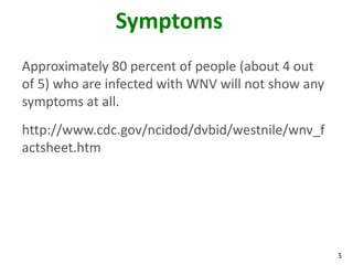 Symptoms
Approximately 80 percent of people (about 4 out
of 5) who are infected with WNV will not show any
symptoms at all.
http://www.cdc.gov/ncidod/dvbid/westnile/wnv_f
actsheet.htm




                                                    5
 