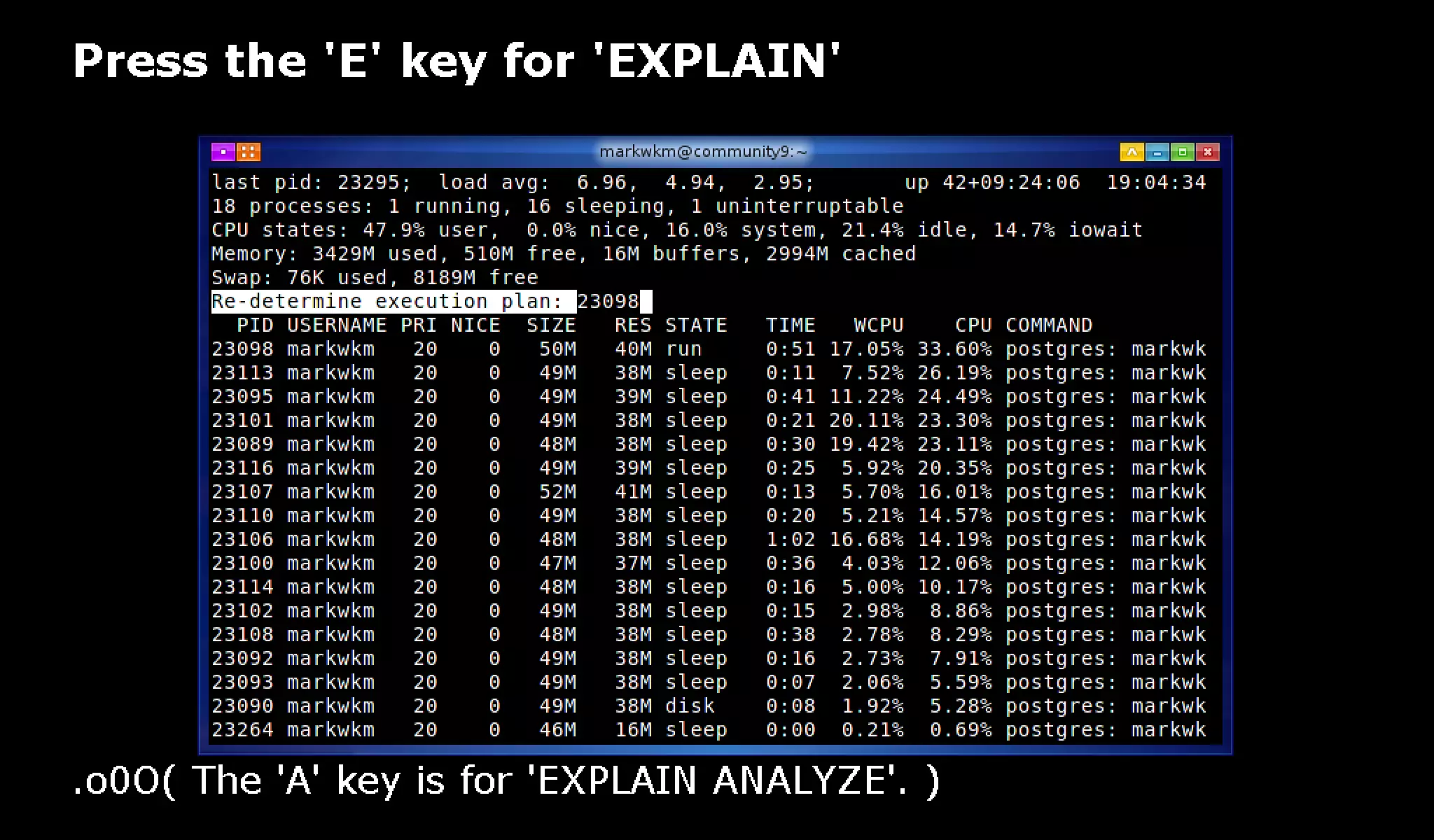 pg_top is 'top' for PostgreSQL: pg_top + pg_proctab