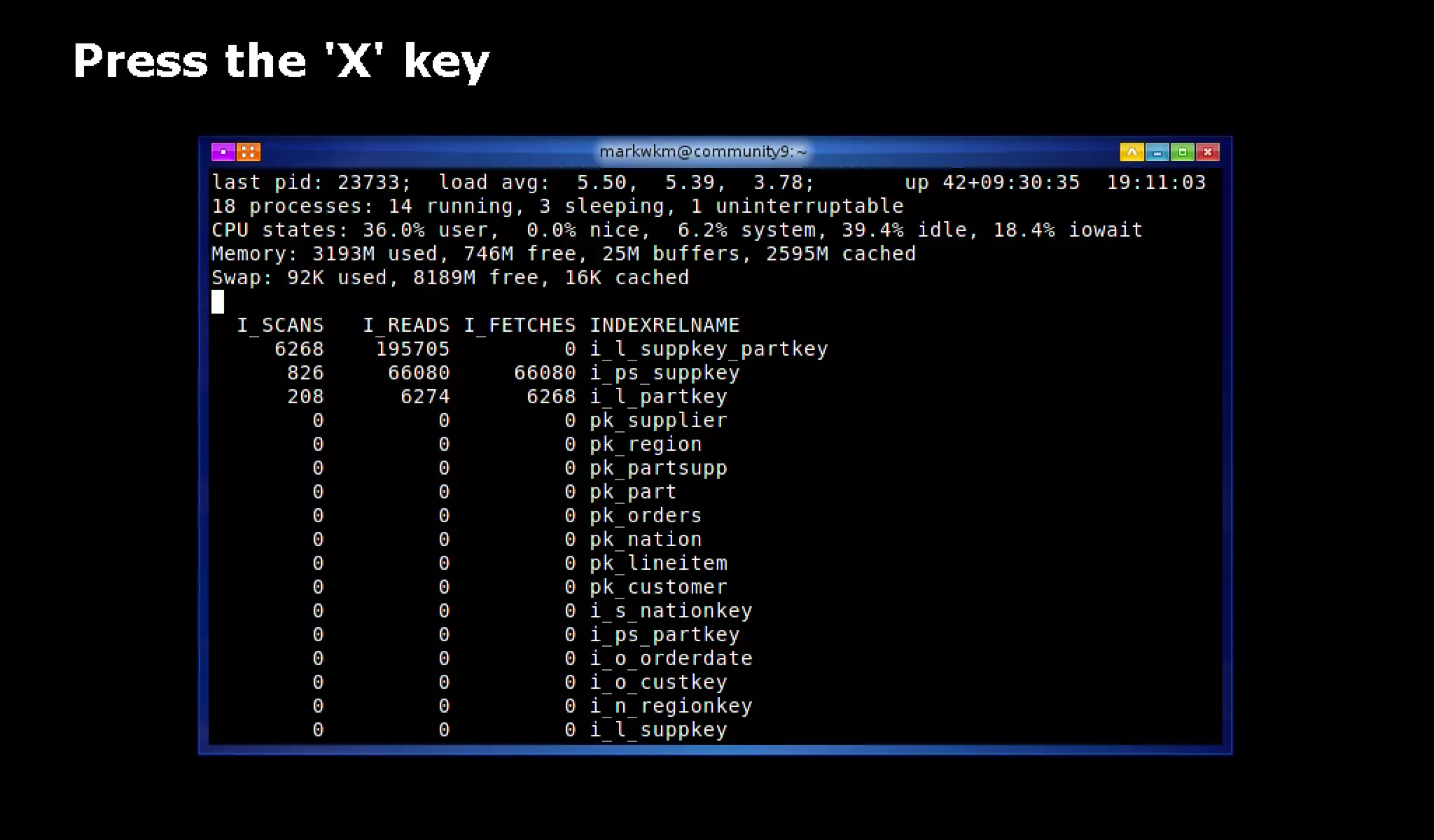 pg_top is 'top' for PostgreSQL: pg_top + pg_proctab
