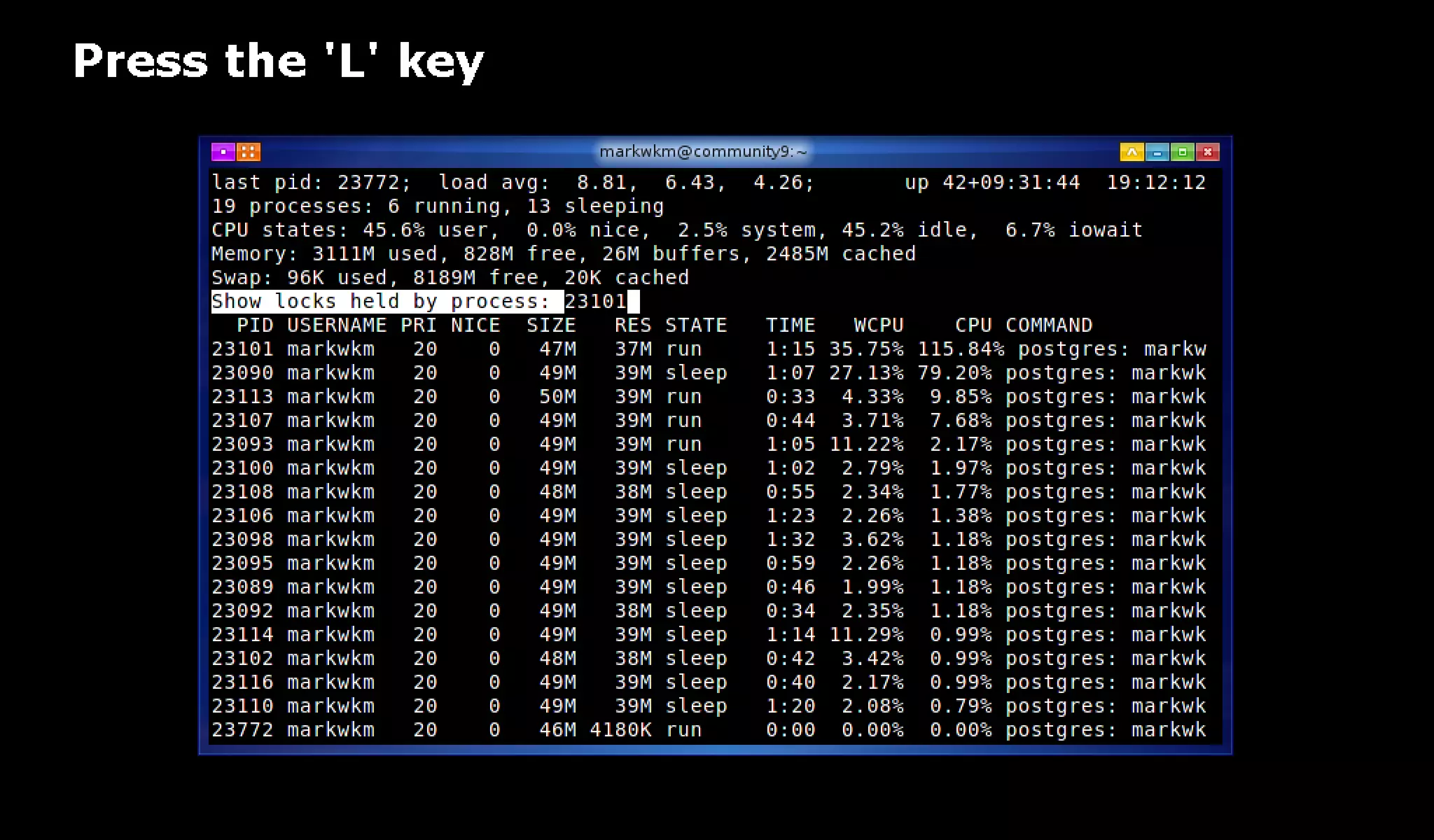 pg_top is 'top' for PostgreSQL: pg_top + pg_proctab