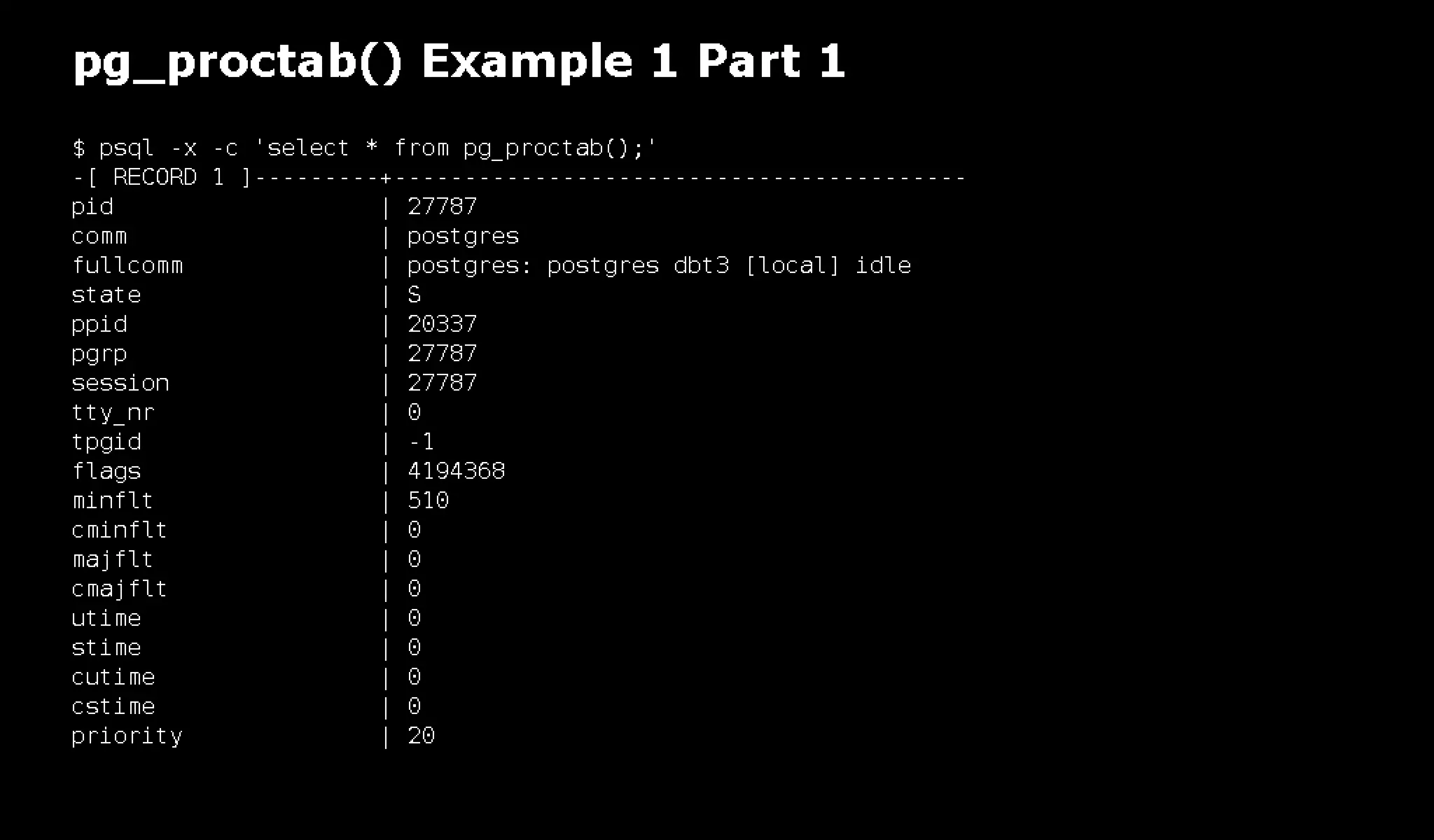 pg_top is 'top' for PostgreSQL: pg_top + pg_proctab