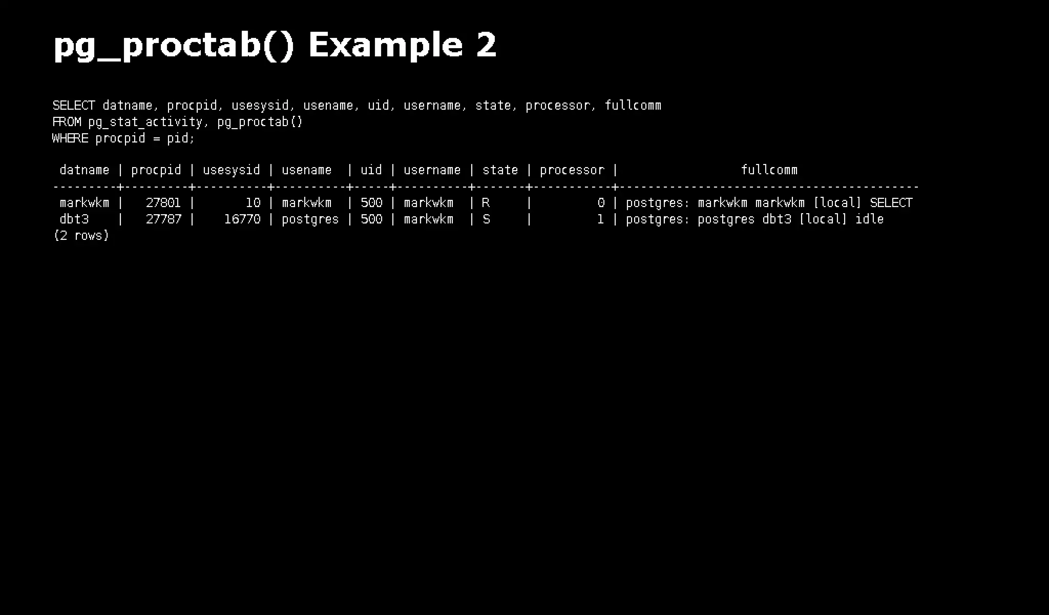 pg_top is 'top' for PostgreSQL: pg_top + pg_proctab