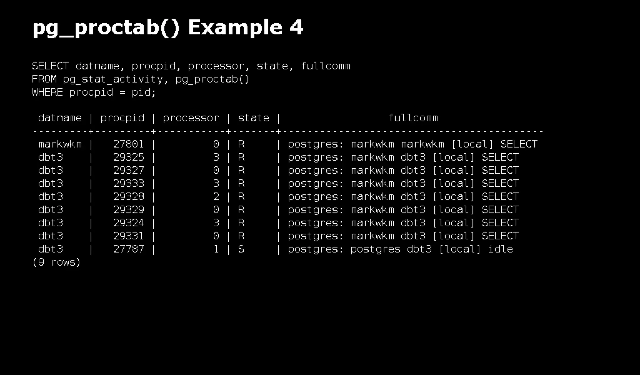 pg_top is 'top' for PostgreSQL: pg_top + pg_proctab