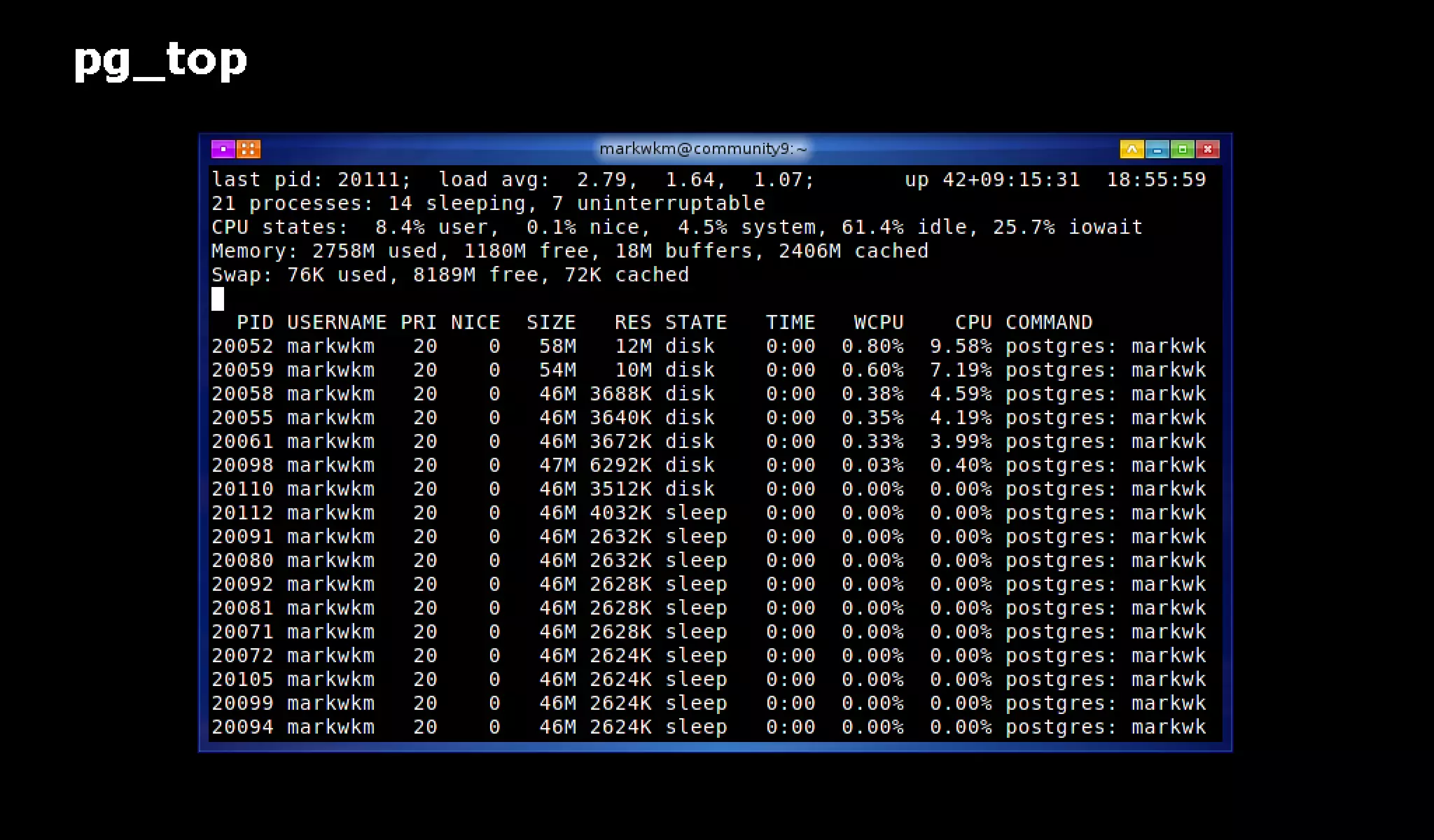 pg_top is 'top' for PostgreSQL: pg_top + pg_proctab