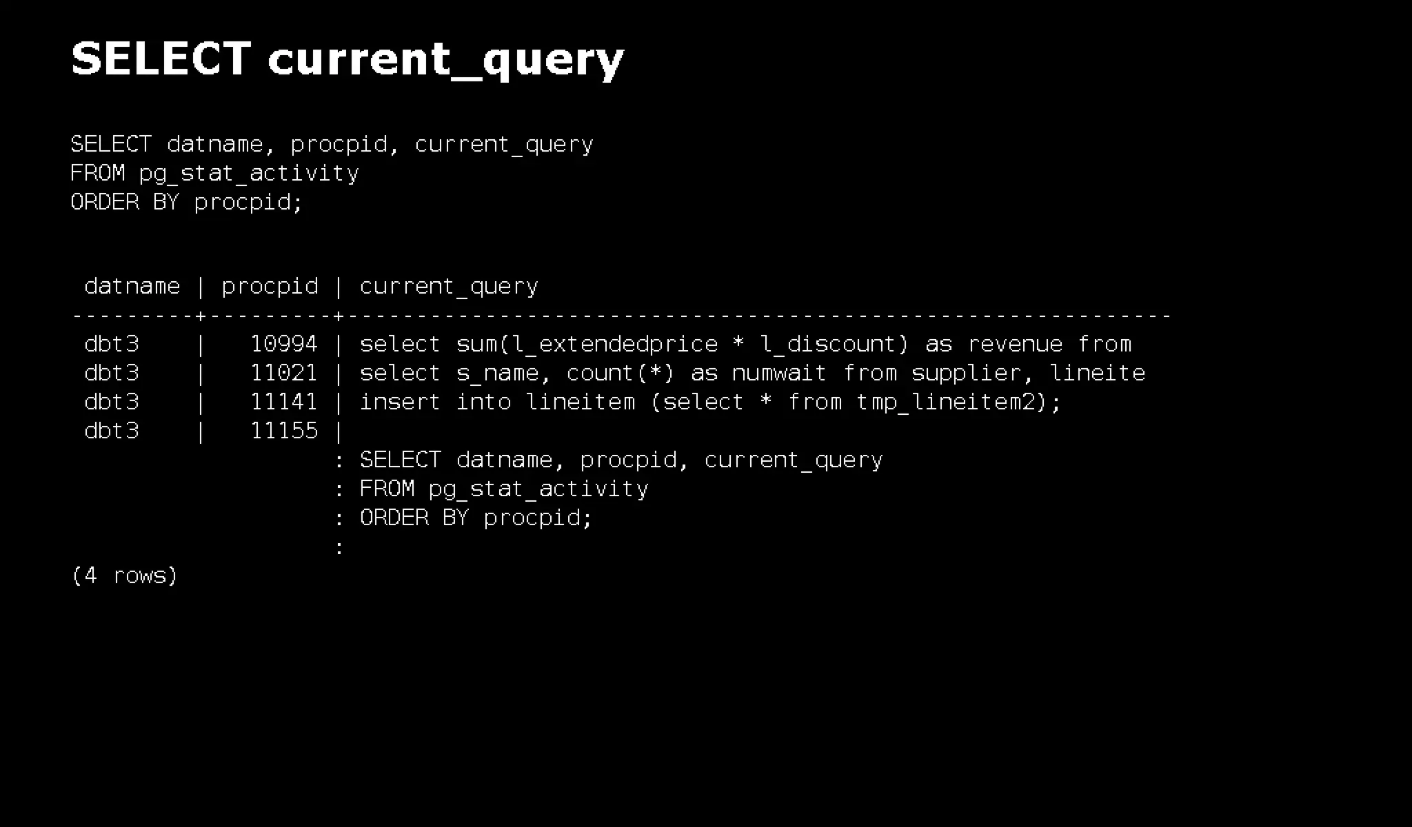 pg_top is 'top' for PostgreSQL: pg_top + pg_proctab