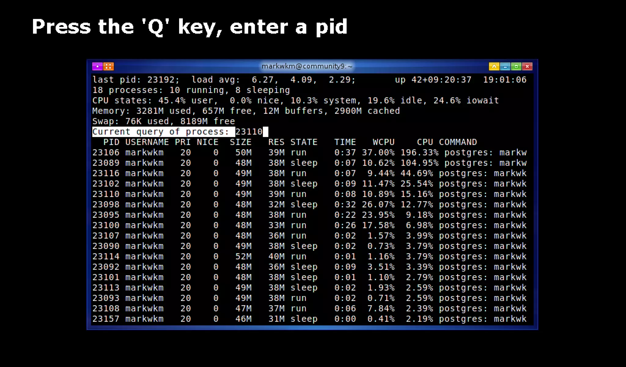 pg_top is 'top' for PostgreSQL: pg_top + pg_proctab
