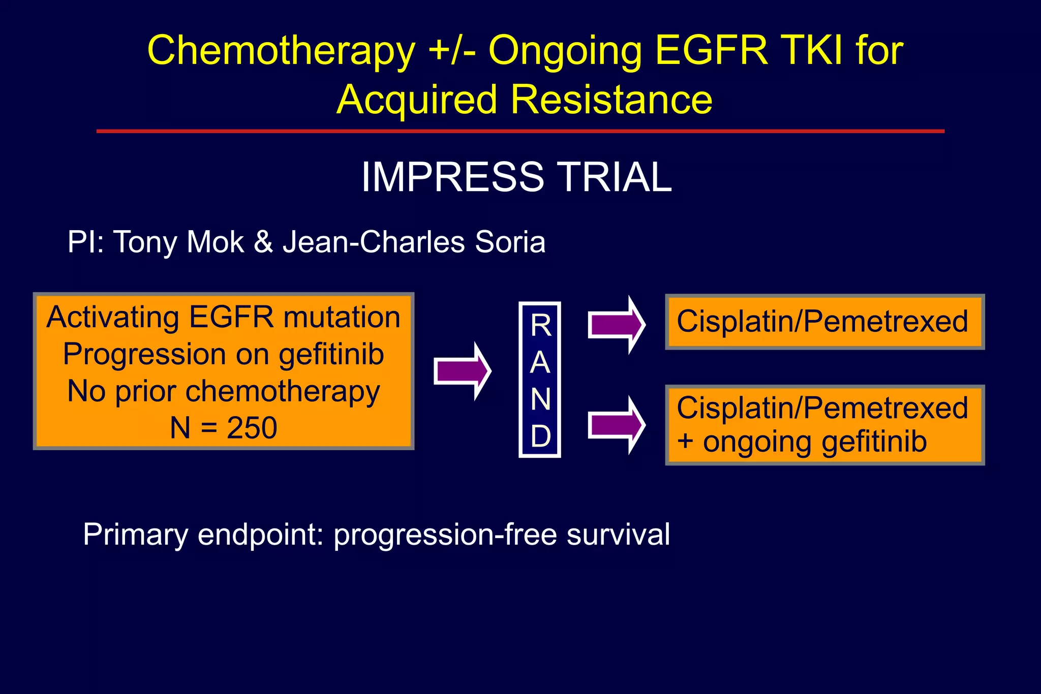 Chemotherapy +/- Ongoing EGFR TKI for
Acquired Resistance

IMPRESS TRIAL
PI: Tony Mok & Jean-Charles Soria
Activating EGFR mutation
Progression on gefitinib
No prior chemotherapy
N = 250

R
A
N
D

Primary endpoint: progression-free survival

Cisplatin/Pemetrexed

Cisplatin/Pemetrexed
+ ongoing gefitinib

 