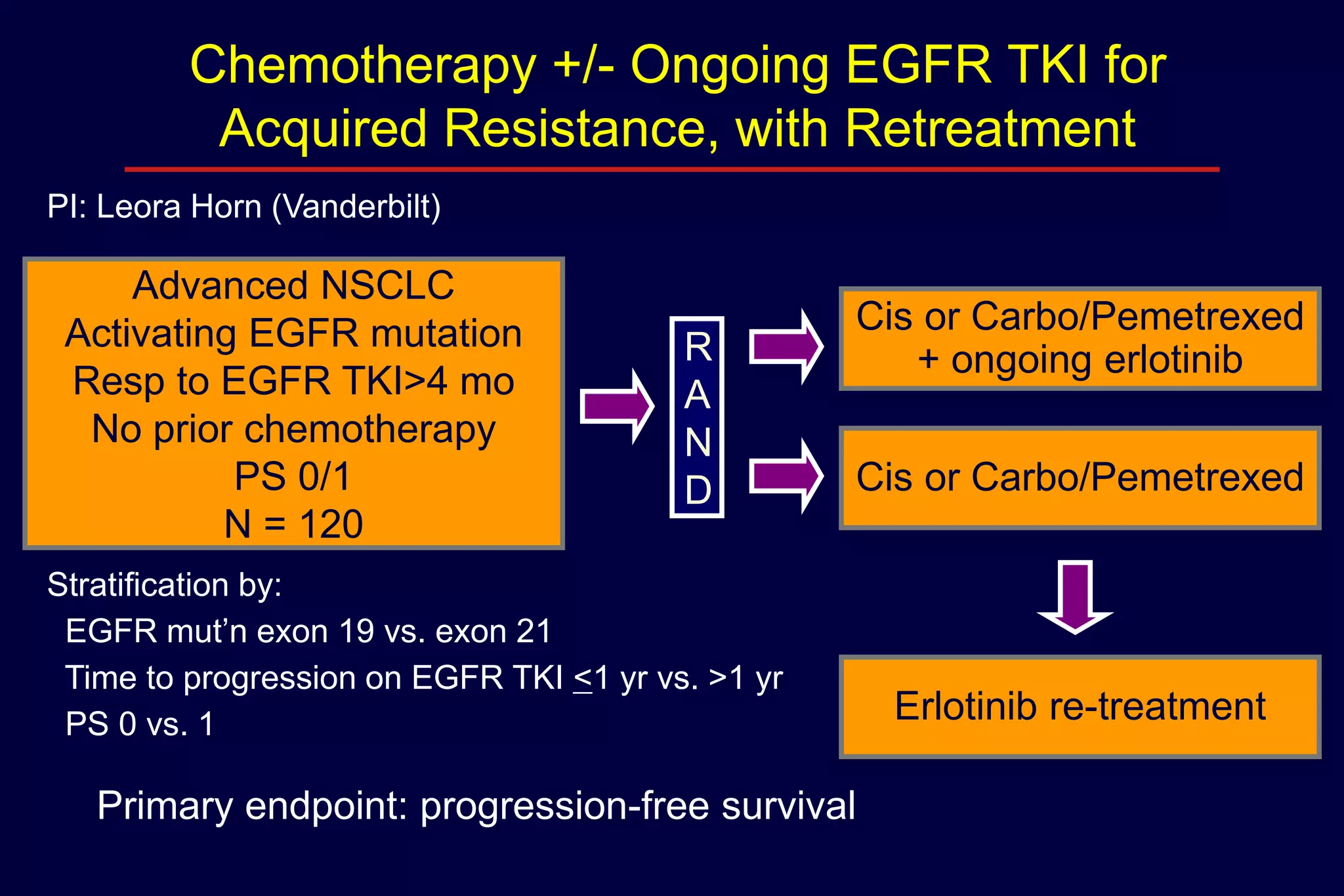 Chemotherapy +/- Ongoing EGFR TKI for
Acquired Resistance, with Retreatment
PI: Leora Horn (Vanderbilt)

Advanced NSCLC
Activating EGFR mutation
Resp to EGFR TKI>4 mo
No prior chemotherapy
PS 0/1
N = 120

R
A
N
D

Cis or Carbo/Pemetrexed
+ ongoing erlotinib
Cis or Carbo/Pemetrexed

Stratification by:
EGFR mut’n exon 19 vs. exon 21
Time to progression on EGFR TKI <1 yr vs. >1 yr
PS 0 vs. 1

Primary endpoint: progression-free survival

Erlotinib re-treatment

 