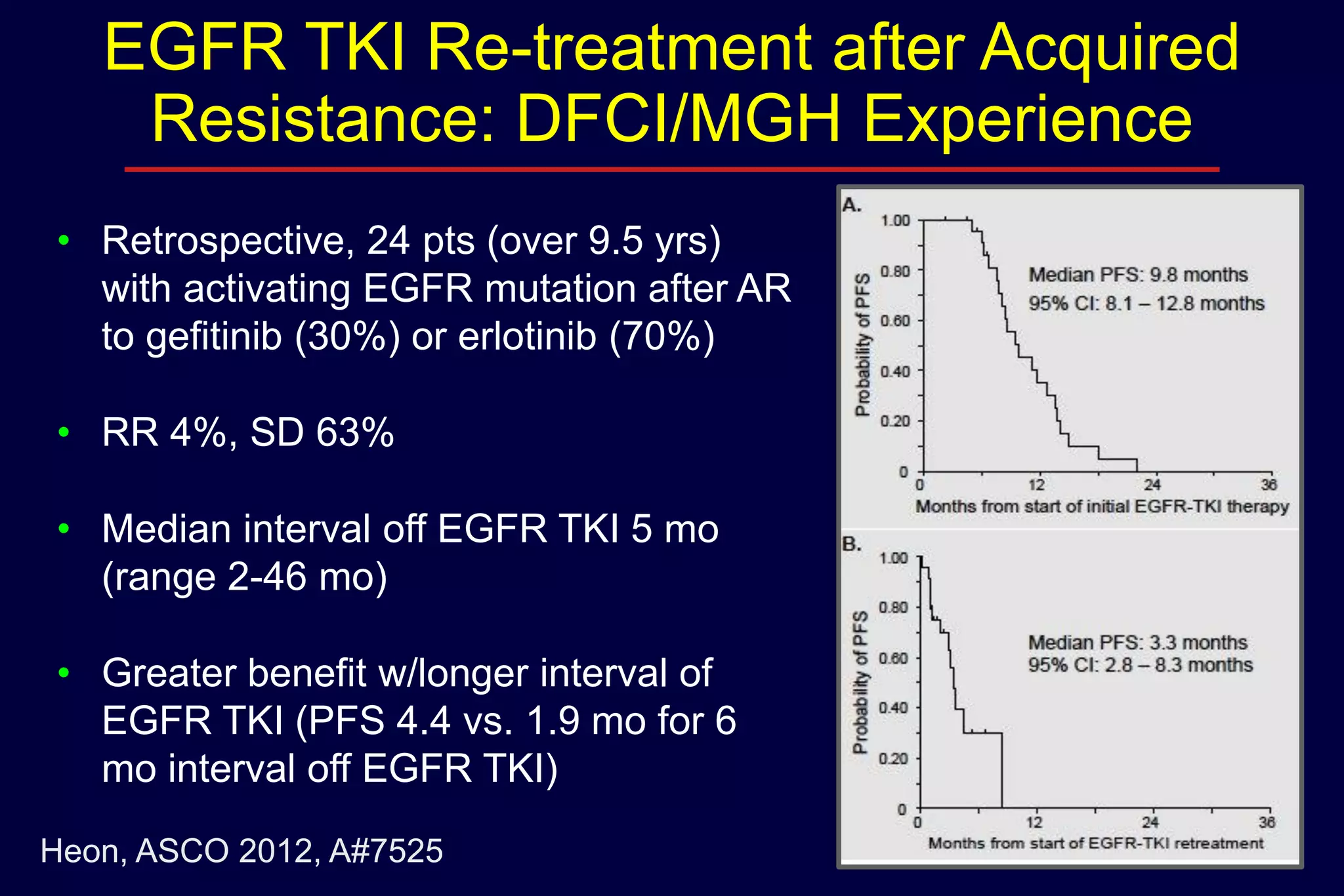 EGFR TKI Re-treatment after Acquired
Resistance: DFCI/MGH Experience
• Retrospective, 24 pts (over 9.5 yrs)
with activating EGFR mutation after AR
to gefitinib (30%) or erlotinib (70%)
• RR 4%, SD 63%
• Median interval off EGFR TKI 5 mo
(range 2-46 mo)
• Greater benefit w/longer interval of
EGFR TKI (PFS 4.4 vs. 1.9 mo for 6
mo interval off EGFR TKI)
Heon, ASCO 2012, A#7525

 