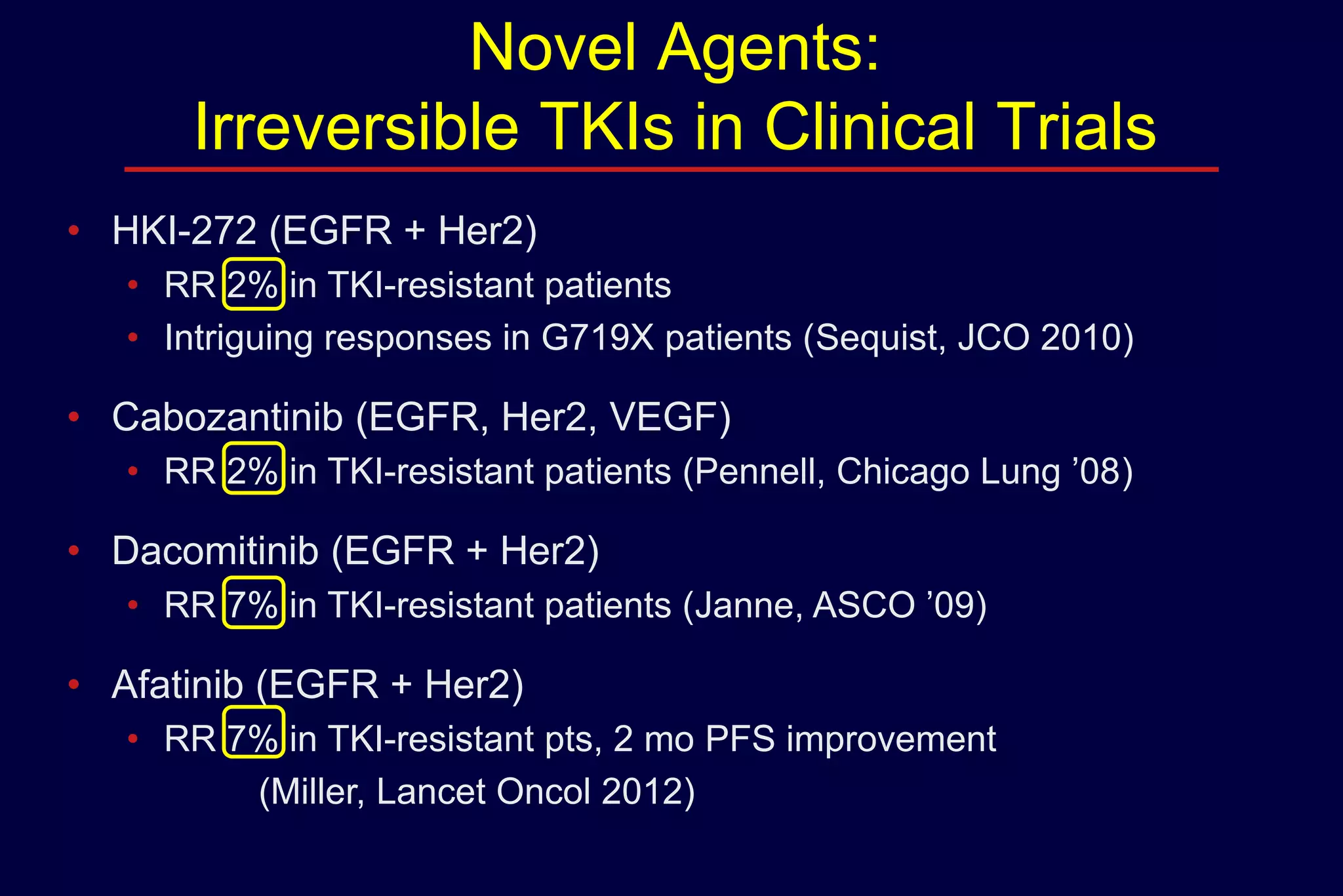 Novel Agents:
Irreversible TKIs in Clinical Trials
• HKI-272 (EGFR + Her2)
• RR 2% in TKI-resistant patients
• Intriguing responses in G719X patients (Sequist, JCO 2010)

• Cabozantinib (EGFR, Her2, VEGF)
• RR 2% in TKI-resistant patients (Pennell, Chicago Lung ’08)

• Dacomitinib (EGFR + Her2)
• RR 7% in TKI-resistant patients (Janne, ASCO ’09)

• Afatinib (EGFR + Her2)
• RR 7% in TKI-resistant pts, 2 mo PFS improvement
(Miller, Lancet Oncol 2012)

 