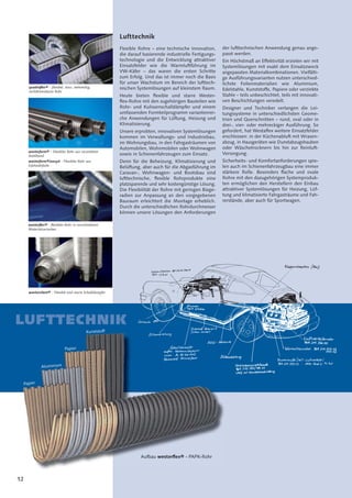 12
LUFTTECHNIK
Lufttechnik
Flexible Rohre – eine technische Innovation,
die darauf basierende industrielle Fertigungs-
technologie und die Entwicklung attraktiver
Einsatzfelder wie die Warmluftführung im
VW-Käfer – das waren die ersten Schritte
zum Erfolg. Und das ist immer noch die Basis
für unser Wachstum im Bereich der lufttech-
nischen Systemlösungen auf kleinstem Raum.
Heute bieten ﬂexible und starre Wester-
ﬂex-Rohre mit den zugehörigen Bauteilen wie
Rohr- und Kulissenschalldämpfer und einem
umfassenden Formteilprogramm variantenrei-
che Anwendungen für Lüftung, Heizung und
Klimatisierung.
Unsere erprobten, innovativen Systemlösungen
kommen im Verwaltungs- und Industriebau,
im Wohnungsbau, in den Fahrgasträumen von
Automobilen, Wohnmobilen oder Wohnwagen
sowie in Schienenfahrzeugen zum Einsatz.
Denn für die Beheizung, Klimatisierung und
Belüftung, aber auch für die Abgasführung im
Caravan-, Wohnwagen- und Bootsbau sind
lufttechnische, ﬂexible Rohrprodukte eine
platzsparende und sehr kostengünstige Lösung.
Die Flexibilität der Rohre mit geringen Biege-
radien zur Anpassung an den vorgegebenen
Bauraum erleichtert die Montage erheblich.
Durch die unterschiedlichen Rohrdurchmesser
können unsere Lösungen den Anforderungen
quadroﬂex® - flexibel, starr, mehreckig,
nichtbrennbares Rohr
westersilent® - Flexible und starre Schalldämpfer
westerform® - Flexibles Rohr aus verzinktem
Stahlband
westerﬂex® - ﬂexibles Rohr in verschiedenen
Materialvarianten
westerform®inoxyd - Flexibles Rohr aus
Edelstahlfolie
Aufbau westerﬂex® - PAPK-RohrAufbau westerﬂex® - PAPK-Rohr
Kunststoff
Papier
Aluminium
Papier
der lufttechnischen Anwendung genau ange-
passt werden.
Ein Höchstmaß an Effektivität erzielen wir mit
Systemlösungen mit exakt dem Einsatzzweck
angepassten Materialkombinationen. Vielfälti-
ge Ausführungsvarianten nutzen unterschied-
lichste Folienmaterialien wie Aluminium,
Edelstahle, Kunststoffe, Papiere oder verzinkte
Stahle – teils unbeschichtet, teils mit innovati-
ven Beschichtungen veredelt.
Designer und Techniker verlangen die Lei-
tungssysteme in unterschiedlichsten Geome-
trien und Querschnitten – rund, oval oder in
drei-, vier- oder mehreckiger Ausführung. So
gefordert, hat Westaﬂex weitere Einsatzfelder
erschlossen: in der Küchenabluft mit Wrasen-
abzug, in Hausgeräten wie Dunstabzugshauben
oder Wäschetrocknern bis hin zur Reinluft-
Versorgung.
Sicherheits- und Komfortanforderungen spie-
len auch im Schienenfahrzeugbau eine immer
stärkere Rolle. Besonders ﬂache und ovale
Rohre mit den dazugehörigen Systemproduk-
ten ermöglichen den Herstellern den Einbau
attraktiver Systemlösungen für Heizung, Lüf-
tung und klimatisierte Fahrgasträume und Fah-
rerstände, aber auch für Sportwagen.
 