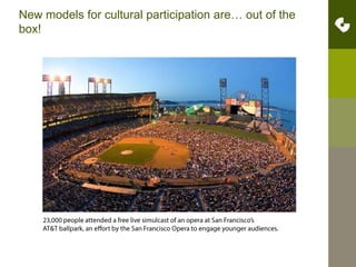 New models for cultural participation are… out of the box!ffffffffffffffffffff23,000 people attended a free live simulcast of an opera at San Francisco’sAT&T ballpark, an effort by the San Francisco Opera to engage younger audiences.