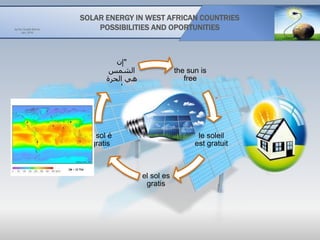 SOLAR ENERGY IN WEST AFRICAN COUNTRIES
POSSIBILITIES AND OPORTUNITIESby Rui Duarte Barros
Jan, 2016
the sun is
free
le soleil
est gratuit
el sol es
gratis
o sol é
gratis
"‫إن‬
‫الشمس‬
‫الحرة‬ ‫هي‬
'
 