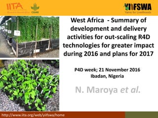 http://www.iita.org/web/yiifswa/home
West Africa - Summary of
development and delivery
activities for out-scaling R4D
technologies for greater impact
during 2016 and plans for 2017
N. Maroya et al.
P4D week; 21 November 2016
Ibadan, Nigeria
 