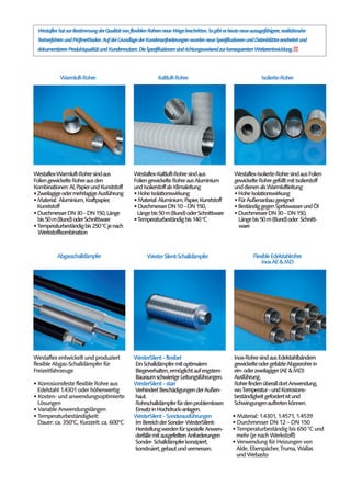 WestaflexhatzurBestimmungderQualitätvonflexiblenRohrenneueWegebeschritten.Sogibtesheuteneueaussagefähigere,realitätsnahe
TestverfahrenundPrüfmethoden.AufderGrundlagederKundenanforderungenwurdenneueSpezifikationenundDatenblättererarbeitetund
dokumentierenProduktqualitätundKundennutzen.DieSpezifikationensindrichtungsweisendzurkonsequentenWeiterentwicklung.
Abgasschalldämpfer
Westaflex entwickelt und produziert
flexible Abgas-Schalldämpfer für
Freizeitfahrzeuge
• Korrosionsfeste flexible Rohre aus
 
Edelstahl 1.4301 oder höherwertig
• Kosten- und anwendungsoptimierte
Lösungen
• Variable Anwendungslängen
• Temperaturbeständigkeit:
Dauer: ca. 350°C, Kurzzeit: ca. 600°C
WesterSilent-Schalldämpfer FlexibleEdelstahlrohre
WesterSilent–flexibel
EinSchalldämpfermitoptimalem
Biegeverhalten,ermöglichtaufengstem
BauraumschwierigeLeitungsführungen.
WesterSilent–starr
VerhindertBeschädigungenderAußen-
haut.
Rohrschalldämpferfürdenproblemlosen
EinsatzinHochdruck-anlagen.
WesterSilent–Sonderausführungen
ImBereichderSonder-WesterSilent-
HerstellungwerdenfürspezielleAnwen-
derfällemitausgefeiltenAnforderungen
Sonder-Schalldämpferkonzipiert,
konstruiert,gebautundvermessen.
InoxAE&MD
Inox-RohresindausEdelstahlbändern
gewickelteodergefalzteAbgasrohrein
ein-oderzweilagiger(AE&MD)
Ausführung.
RohrefindenüberalldortAnwendung,
woTemperatur-undKorrosions-
beständigkeitgefordertistund
Schwingungenauftretenkönnen.
• Material: 1.4301, 1.4571, 1.4539
• Durchmesser DN 12 – DN 150
• Temperaturbeständig bis 650 °C und
 
mehr (je nach Werkstoff)
• Verwendung für Heizungen von
Alde,Eberspächer,Truma,Wallas
  
undWebasto
Warmluft-Rohre Kaltluft-Rohre Isolierte-Rohre
Westaflex-Warmluft-Rohresindaus
FoliengewickelteRohreausden
Kombinationen:Al,PapierundKunststoff
•ZweilagigeodermehrlagigeAusführung
•Material: Aluminium,Kraftpapier,
  Kunststoff
•DurchmesserDN30–DN150,Länge
 bis50m(Bund)oderSchnittware
•Temperaturbeständigbis250°Cjenach
 Werkstoffkombination
Westaflex-Kaltluft-Rohresindaus
FoliengewickelteRohreausAluminium
undIsolierstoffalsKlimaleitung
•HoheIsolationswirkung
•Material:Aluminium,Papier,Kunststoff
•DurchmesserDN10–DN150,
Längebis50m(Bund)oderSchnittware
•Temperaturbeständigbis140°C
Westaflex-Isolierte-RohresindausFolien
gewickelteRohregefülltmitIsolierstoff
unddienenalsWarmluftleitung
•HoheIsolationswirkung
•FürAußenanbaugeeignet
•BeständiggegenSpritzwasserundÖl
•DurchmesserDN30–DN150,
 Längebis50m(Bund)oder Schnitt-
ware
 