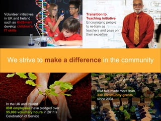 We strive to  make a difference  in the community Volunteer initiatives in UK and Ireland such as  KidSmart   develop  children’s IT skills In the UK and Ireland IBM employees  have pledged over  95,000 voluntary hours  in 2011’s Celebration of Service IBM has made more than   330 community grants   since 2004 Transition to Teaching initiative   Encouraging people to re-train as teachers and pass on their expertise 