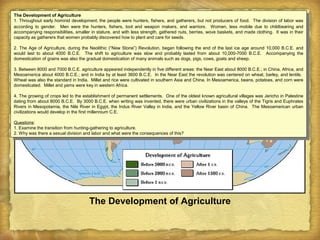 The Development of Agriculture
The Development of Agriculture
1. Throughout early hominid development, the people were hunters, fishers, and gatherers, but not producers of food. The division of labor was
according to gender. Men were the hunters, fishers, tool and weapon makers, and warriors. Women, less mobile due to childbearing and
accompanying responsibilities, smaller in stature, and with less strength, gathered nuts, berries, wove baskets, and made clothing. It was in their
capacity as gatherers that women probably discovered how to plant and care for seeds.
2. The Age of Agriculture, during the Neolithic (“New Stone”) Revolution, began following the end of the last ice age around 10,000 B.C.E. and
would last to about 4000 B.C.E. The shift to agriculture was slow and probably lasted from about 10,000-7000 B.C.E. Accompanying the
domestication of grains was also the gradual domestication of many animals such as dogs, pigs, cows, goats and sheep.
3. Between 8000 and 7000 B.C.E. agriculture appeared independently in five different areas: the Near East about 8000 B.C.E.; in China, Africa, and
Mesoamerica about 4000 B.C.E.; and in India by at least 3600 B.C.E. In the Near East the revolution was centered on wheat, barley, and lentils.
Wheat was also the standard in India. Millet and rice were cultivated in southern Asia and China. In Mesoamerica, beans, potatoes, and corn were
domesticated. Millet and yams were key in western Africa.
4. The growing of crops led to the establishment of permanent settlements. One of the oldest known agricultural villages was Jericho in Palestine
dating from about 8000 B.C.E. By 3000 B.C.E. when writing was invented, there were urban civilizations in the valleys of the Tigris and Euphrates
Rivers in Mesopotamia, the Nile River in Egypt, the Indus River Valley in India, and the Yellow River basin of China. The Mesoamerican urban
civilizations would develop in the first millennium C.E.
Questions:
1. Examine the transition from hunting-gathering to agriculture.
2. Why was there a sexual division and labor and what were the consequences of this?
The Development of Agriculture
1. Throughout early hominid development, the people were hunters, fishers, and gatherers, but not producers of food. The division of labor was
according to gender. Men were the hunters, fishers, tool and weapon makers, and warriors. Women, less mobile due to childbearing and
accompanying responsibilities, smaller in stature, and with less strength, gathered nuts, berries, wove baskets, and made clothing. It was in their
capacity as gatherers that women probably discovered how to plant and care for seeds.
2. The Age of Agriculture, during the Neolithic (“New Stone”) Revolution, began following the end of the last ice age around 10,000 B.C.E. and
would last to about 4000 B.C.E. The shift to agriculture was slow and probably lasted from about 10,000-7000 B.C.E. Accompanying the
domestication of grains was also the gradual domestication of many animals such as dogs, pigs, cows, goats and sheep.
3. Between 8000 and 7000 B.C.E. agriculture appeared independently in five different areas: the Near East about 8000 B.C.E.; in China, Africa, and
Mesoamerica about 4000 B.C.E.; and in India by at least 3600 B.C.E. In the Near East the revolution was centered on wheat, barley, and lentils.
Wheat was also the standard in India. Millet and rice were cultivated in southern Asia and China. In Mesoamerica, beans, potatoes, and corn were
domesticated. Millet and yams were key in western Africa.
4. The growing of crops led to the establishment of permanent settlements. One of the oldest known agricultural villages was Jericho in Palestine
dating from about 8000 B.C.E. By 3000 B.C.E. when writing was invented, there were urban civilizations in the valleys of the Tigris and Euphrates
Rivers in Mesopotamia, the Nile River in Egypt, the Indus River Valley in India, and the Yellow River basin of China. The Mesoamerican urban
civilizations would develop in the first millennium C.E.
Questions:
1. Examine the transition from hunting-gathering to agriculture.
2. Why was there a sexual division and labor and what were the consequences of this?
 