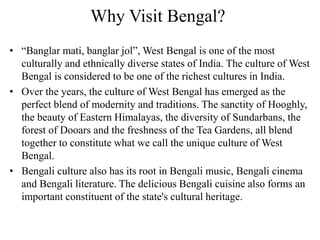 Why Visit Bengal?
• “Banglar mati, banglar jol”, West Bengal is one of the most
culturally and ethnically diverse states of India. The culture of West
Bengal is considered to be one of the richest cultures in India.
• Over the years, the culture of West Bengal has emerged as the
perfect blend of modernity and traditions. The sanctity of Hooghly,
the beauty of Eastern Himalayas, the diversity of Sundarbans, the
forest of Dooars and the freshness of the Tea Gardens, all blend
together to constitute what we call the unique culture of West
Bengal.
• Bengali culture also has its root in Bengali music, Bengali cinema
and Bengali literature. The delicious Bengali cuisine also forms an
important constituent of the state's cultural heritage.
 