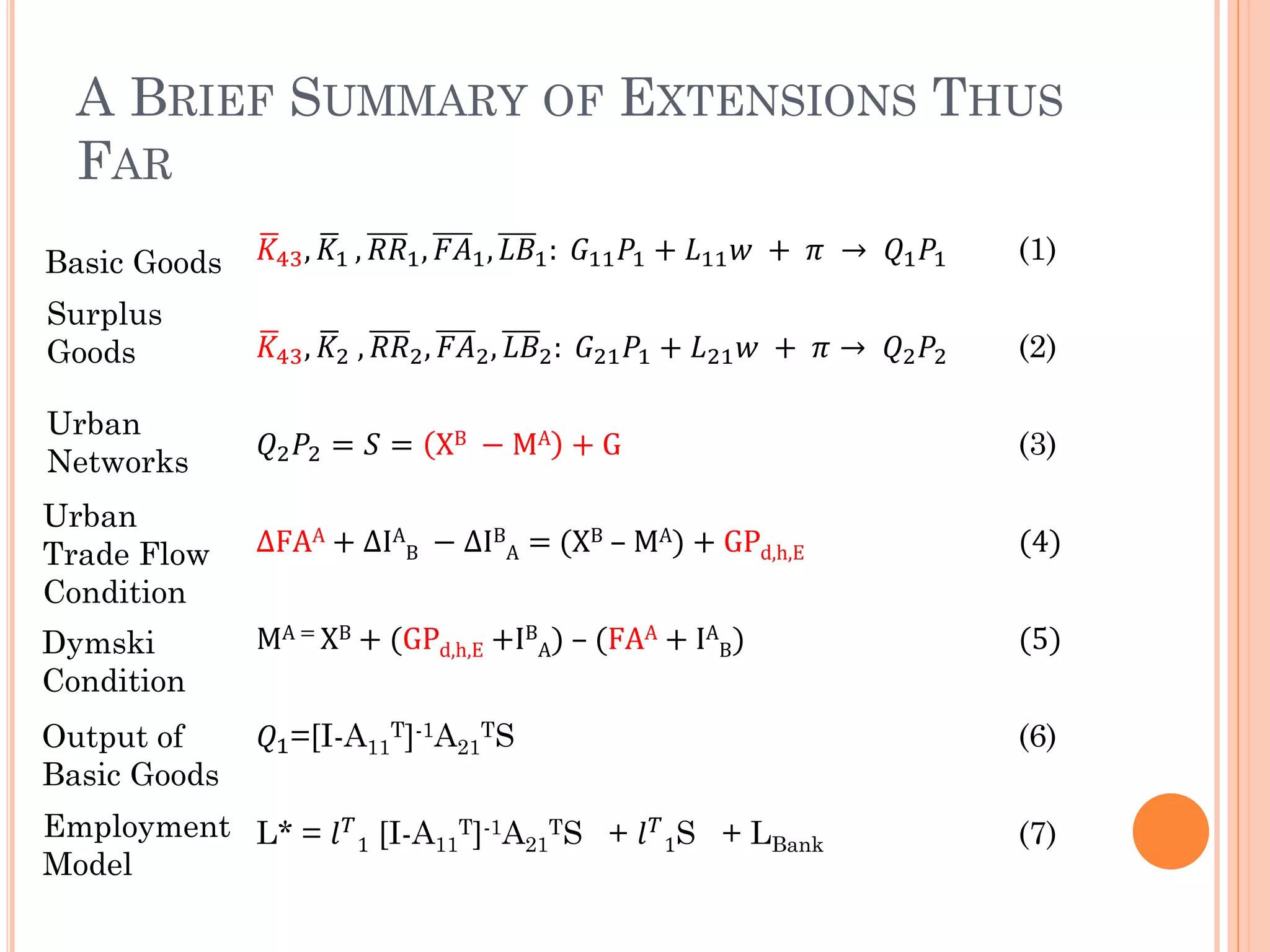 A BRIEF SUMMARY OF EXTENSIONS THUS FAR 
퐾 43,퐾 1,푅푅1,퐹퐴1,퐿퐵1: 퐺11푃1+퐿11푤 + 휋 → 푄1푃1 (1) 
퐾 43,퐾 2 ,푅푅2,퐹퐴2,퐿퐵2: 퐺21푃1+퐿21푤 + 휋→ 푄2푃2 (2) 
푄2푃2=푆=XB −MA+G (3) 
ΔFAA+ΔIAB −ΔIBA= (XB – MA) + GPd,h,E (4) 
MA = XB + (GPd,h,E +IBA) – (FAA+IAB) (5) 
푄1=[I-A11T]-1A21TS (6) 
L* = 푙푇 1 [I-A11T]-1A21TS + 푙푇 1S + LBank (7) 
Basic Goods 
Surplus Goods 
Urban Networks 
Urban Trade Flow Condition 
Dymski Condition 
Output of Basic Goods 
Employment Model  