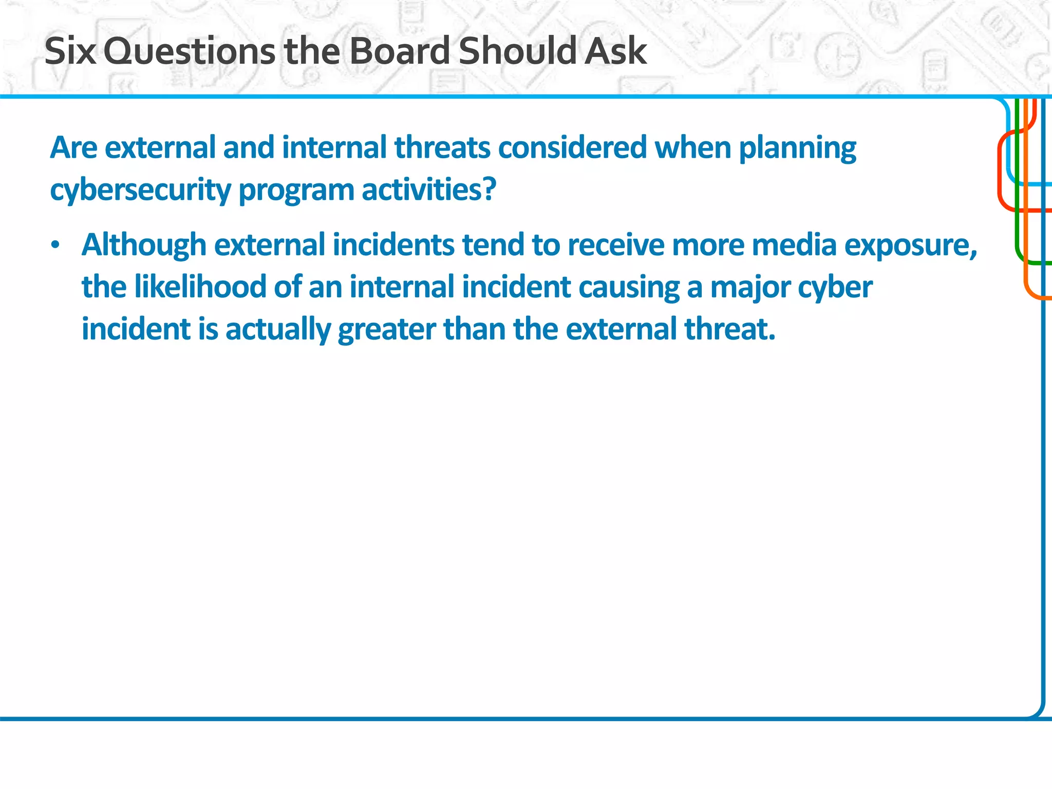 10
SixQuestions the BoardShouldAsk
Are external and internal threats considered when planning
cybersecurity program activities?
• Although external incidents tend to receive more media exposure,
the likelihood of an internal incident causing a major cyber
incident is actually greater than the external threat.
 