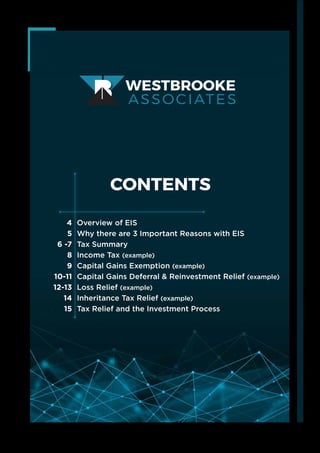WESTBROOKE
ASSOCIATES
B
4
5
6 -7
8
9
10-11
12-13
14
15
Overview of EIS
Why there are 3 Important Reasons with EIS
Tax Summ...