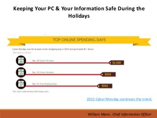Keeping Your PC & Your Information Safe During the
                    Holidays




                           2012 Cyber Monday continues the trend.


                            William Mann, Chief Information Officer
 