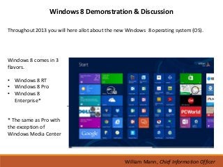 Windows 8 Demonstration & Discussion

Throughout 2013 you will here allot about the new Windows 8 operating system (OS).




Windows 8 comes in 3
flavors.

• Windows 8 RT
• Windows 8 Pro
• Windows 8
  Enterprise*


* The same as Pro with
the exception of
Windows Media Center




                                                 William Mann, Chief Information Officer
 