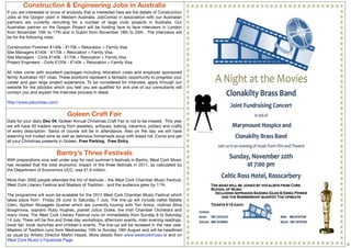 Construction & Engineering Jobs in Australia
If you are interested or know of anybody that is interested here are the details of Construction
Jobs at the Gorgon plant in Western Australia. JobContax in association with our Australian
partners are currently recruiting for a number of large civils projects in Australia. Our
Australian partner on the Gorgon Project will be holding face to face interviews in London
from November 10th to 17th and in Dublin from November 18th to 25th . The interviews will
be for the following roles:

Construction Foremen €140k - €170k + Relocation + Family Visa
Site Managers €140k - €170k + Relocation + Family Visa
Site Managers - Civils €140k - €170k + Relocation + Family Visa
Project Engineers - Civils €120k - €140k + Relocation + Family Visa

All roles come with excellent packages including relocation costs and employer sponsored
family Australian 457 visas. These positions represent a fantastic opportunity to progress your
career and gain large project experience. To be considered for interview, apply through our
website for the job/jobs which you feel you are qualiﬁed for and one of our consultants will
contact you and explain the interview process in detail.

http://www.jobcontax.com/


                                 Goleen Craft Fair
Date for your diary Dec 04. Goleen Annual Christmas Craft Fair is not to be missed.  This year
we will have 50 traders varying from jewellery, antiques, baking, ceramics, pottery and crafts
of every description. Santa of course will be in attendance. Also on the day we will have
steaming hot mulled wine as well as delicious homemade soup with bread roll. Come and get
all your Christmas presents in Goleen. Free Parking.  Free Entry.


                           Bantry’s Three Festivals
With preparations now well under way for next summer's festivals in Bantry, West Cork Music
has revealed that the total economic impact of the three festivals in 2011, as calculated by
the Department of Economics UCC, was €1.6 million.

More than 3000 people attended the trio of festivals - the West Cork Chamber Music Festival,
West Cork Literary Festival and Masters of Tradition - and the audience grew by 11%.

The programme will soon be available for the 2012 West Cork Chamber Music Festival which
takes place from Friday 29 June to Saturday 7 July. The line-up will include cellist Natalie
Clein, Apollon Musagete Quartet which are currently touring with Tori Amos, violinist Alina
Ibragimova, soprano Ruby Hughes, pianist Julius Drake, the Irish Chamber Orchestra and
many more. The West Cork Literary Festival runs on immediately from Sunday 8 to Saturday
14 July. There will be ﬁve and three day workshops, afternoon events, main evening readings,
book fair, book launches and children's events. The line-up will be revealed in the new year.
Masters of Tradition runs from Wednesday 15th to Sunday 19th August and will be headlined
as usual by Artistic Director Martin Hayes. More details from www.westcorkmusic.ie and on
West Cork Music's Facebook Page.
                                                                                                   9
 