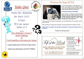 Petition To Stop ACTA
                                             The Anti-Counterfeiting Trade Agreement, or
                                             ACTA, was signed by the European Union
                                             and 22 of its member states recently.  And it
                                             could ruin the internet as we know it.

                                             To Stop ACTA Today CLICK HERE!

                                             Eight countries, including the United States,
                                             signed this last fall. Called "SOPA light", it is
                                             a global treaty that authorizes the policing
                                             of the inter net and its users, and
                                             ultimately, the censorship of it.

This would hurt the freedom of expression, civil and digital rights, fair use rights, and the
right to privacy.

Strict penalties, including prison sentences, would be enforced for violations of ACTA.

Please sign the petition and tell ACTA supporters to keep the internet free for
everyone!

                             Thanks for taking action!




                                                                                                 19
 