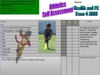 B1 Movement and Skills: Science and Technology B2 Positive Attitudes, challenges and social and cultural factors Key Areas of Learning Body care and Physical Safety Physical Activity Athletics Self Assessment Health and PE Term 4 2009 Name: Find and add your photos My thoughts about today I am felling like a winner and very happy to participate Throw High jump Long jump 800 200 100 75 50 I participated in these events A2: Regular physical activity = Students will maintain regular, enjoyable, physical activity with an increasing understanding of it’s role in self care and well being I am at school and I am participating Comment    I can …. Post 