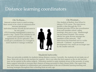 Distance learning coordinators

            On Te Kura...                                                            On Westnet...
 Internal systems seem to need revising -                               One student at Reefton Area School is
there seems to be a lack of communication                               taking a VLN course. The interviewee
             between personnel.                                         teaches a class through the VLN.
Individual teacher records do not seem to                               Westnet provides PD for the ecoordinators
                be very good                                            from each member school- online
  OTLE learning management system is a                                  meetings, ehui once a year. Marlborough
 positive step - needs to be extended to all                            has just joined Westnet. The courses
     courses and expanded so that all                                   offered are quite diverse amongst the
  assignments etc can be uploaded. This                                 members of this network. This
 would give coordinators an oversight to                                interviewee has branched out to a wider
   assist students to manage workload                                   network - Cantanet - as,professional
                                                                        development wise, needs are no longer met
                                                                        by the smaller network.




                                               Students’networks
    There are networks available for students taking distance courses. Currently, the students do not make use of
    them. Most rely on the on site teachers for support - this is not often the best support as the on site teachers
    may not be experts in the online subjects. Education needed to make students aware of the necessity of using
    these support networks to increase their chances of being successful in their chosen fields. One aspect that
    may help future students in collaboration and communication is the use of blended learning teaching and
    learning strategies throughout their schooling from an early age.
 