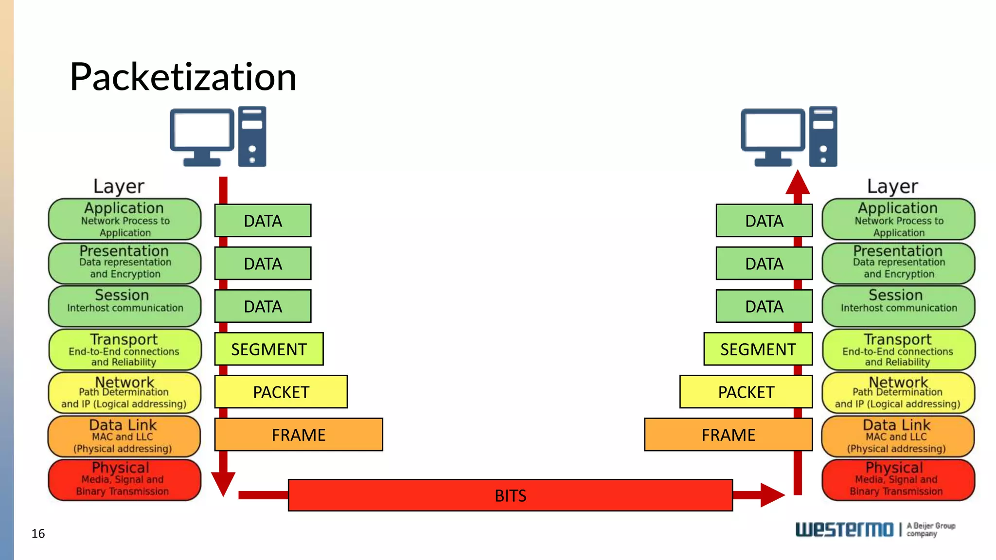 16
Packetization
BITS
DATA
DATA
DATA
SEGMENT
PACKET
FRAME
DATA
DATA
DATA
SEGMENT
PACKET
FRAME
 