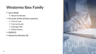 13
Westermo Ibex Family
▪ Swiss Made
▪ Westermo Neratec
▪ Full suite of Rail wireless solutions
▪ Train to Train
▪ Train to Ground
▪ Passenger Wifi
▪ Cellular Access
▪ EN50155
▪ Westermo Wireless OS
 