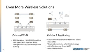 15
Even More Wireless Solutions
• Cellular transmission while the train is on the
move (LTE)
• Wireless transmission when the train stops
at the Stations and Depot (WiFi)
• Accurate positioning
• 802.11ac Wave 2 MU-MIMO enabling
high speed Wi-Fi coverage within
carriage with Dual-concurrent (5GHz +
2.4Ghz)
Onboard Wi-Fi Cellular & Positioning
 