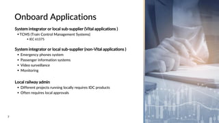 7
Onboard Applications
System integrator or local sub-supplier (Vital applications )
▪ TCMS (Train Control Management Systems)
▪ IEC 61375
System integrator or local sub-supplier (non-Vital applications )
▪ Emergency phones system
▪ Passenger information systems
▪ Video surveillance
▪ Monitoring
Local railway admin
▪ Different projects running locally requires IDC products
▪ Often requires local approvals
 