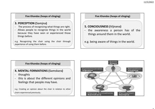 11/5/2022
3. PERCEPTION (Samjna)
‐ The process of recognizing what things are right.
‐ Allows people to recognize things in the world
because they have seen or experienced those
things before.
e.g. Recognizing the chair using the chair through
experience of using them before.
Five Khandas (heaps of clinging)
4. MENTAL FORMATIONS (Samskara)
‐ thoughts
‐ this is about the different opinions and
feelings that people may have.
e.g. Creating an opinion about the chair in relation to other
chairs experienced previously.
Five Khandas (heaps of clinging)
5. CONCIOUSNESS (Vijnana)
‐ the awareness a person has of the
things around them in the world.
e.g. being aware of things in the world.
Five Khandas (heaps of clinging)
 