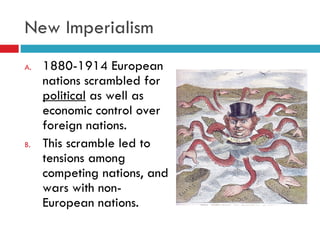 New Imperialism 1880-1914 European nations scrambled for  political  as well as economic control over foreign nations. This scramble led to tensions among competing nations, and wars with non-European nations. 