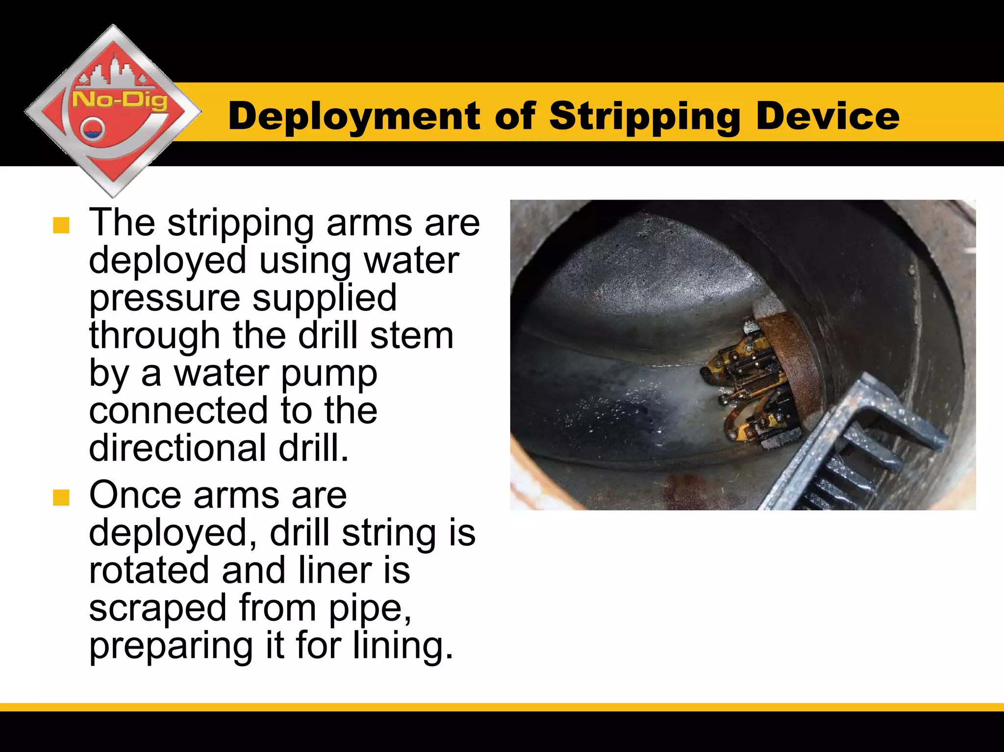 Deployment of Stripping Device

The stripping arms are
deployed using water
pressure supplied
through the drill stem
by a water pump
connected to the
directional drill.
Once arms are
deployed, drill string is
rotated and liner is
scraped from pipe,
preparing it for lining.
 