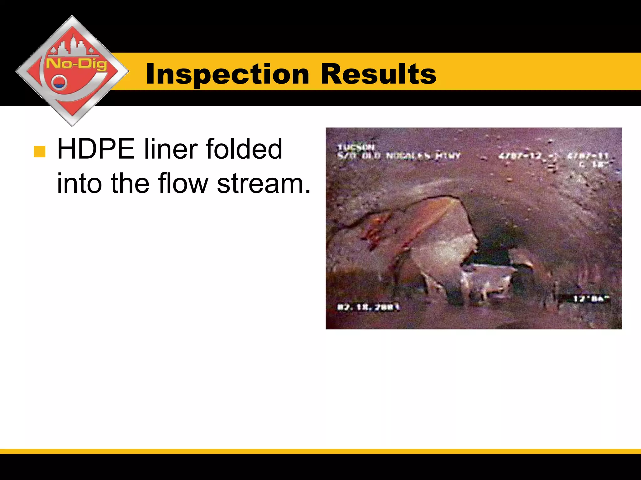 Inspection Results

HDPE liner folded
into the flow stream.
 