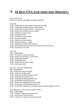  16 days USA west coast tour itinerary:
Day 1 (arrive at LA)
18:00 arrive, get rest only supper, tired after long flight
Day 2 (LA)
10.00 - 11.00 Breakfast Late breakfast, long sleep after flight
11.00 - 11.30 Drive to California Science Center (30m)
11.30 - 14.00 California Science Center + Exposition Park
14.00 - 14.30 Lunch at California Science Center
14.30 - 15.00 Drive to Getty center
15.00 - 17.00 Getty Center
17.00 - 17.30 Drive to Venice Beach
17.30 - 18.30 Venice Beach
18.30 - 19.00 Drive to Santa Monica
19.00 - 21.00 Santa Monica + supper
21.00 - 22.00 Drive to Griffith observatiorium
22.00 - 23.00 Griffith observatiorium must be dark to have a good view
23.00 - 23.30 Drive to the hotel
Day 3 (LA)
9.00 - 10.00 Breakfast
10.00 - 10.30 Drive to Universal Studios
10.30 - 16.00 Universal Studios + lunch inside
16.00 - 18.00 Hollywood Blvd
18.00 - 19.00 Rodeo Drive
19.00 - 21.00 The Grove mall + supper
21.00 - 22.00 Beverly Hills
Day 4 (LA -> Monterey coastal drive)
8.00 - 9.00 Breakfast
9.00 - 13.00 Drive to Morro Bay (4h)
13.00 - 14.00 lunch at Morro Bay
14.00 - 15.00 Drive to Salmon Creek Falls (1h)
15.00 - 16.00 Salmon Creek Falls trail
16.00 - 17.00 Drive to McWay Waterfall (1h)
17.00 - 18.00 McWay Waterfall (get rest)
18.00 - 18.30 Drive to Nepenthe restaurant (30m)
18.30 - 19.30 supper at the Nepenthe restaurant
19:30 - 21.00 Drive to Monterey (1,5h) Pfeifer beach and Bixby bridge on the way
Day 5 (Monterey -> SF) via San Jose, Sillicon Valley
9.00 - 10.00 Breakfast
10.00 - 13.00 Visit at Monterey Bay Aquarium
13.00 - 14.00 Drive to Santa Cruz (1h)
14.00 - 17.00 lunch at Santa Cruz, beach boardwalk
 