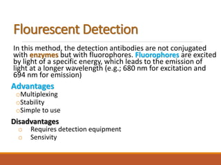 Flourescent Detection
In this method, the detection antibodies are not conjugated
with enzymes but with fluorophores. Fluorophores are excited
by light of a specific energy, which leads to the emission of
light at a longer wavelength (e.g.; 680 nm for excitation and
694 nm for emission)
Advantages
oMultiplexing
oStability
oSimple to use
Disadvantages
o Requires detection equipment
o Sensivity
 